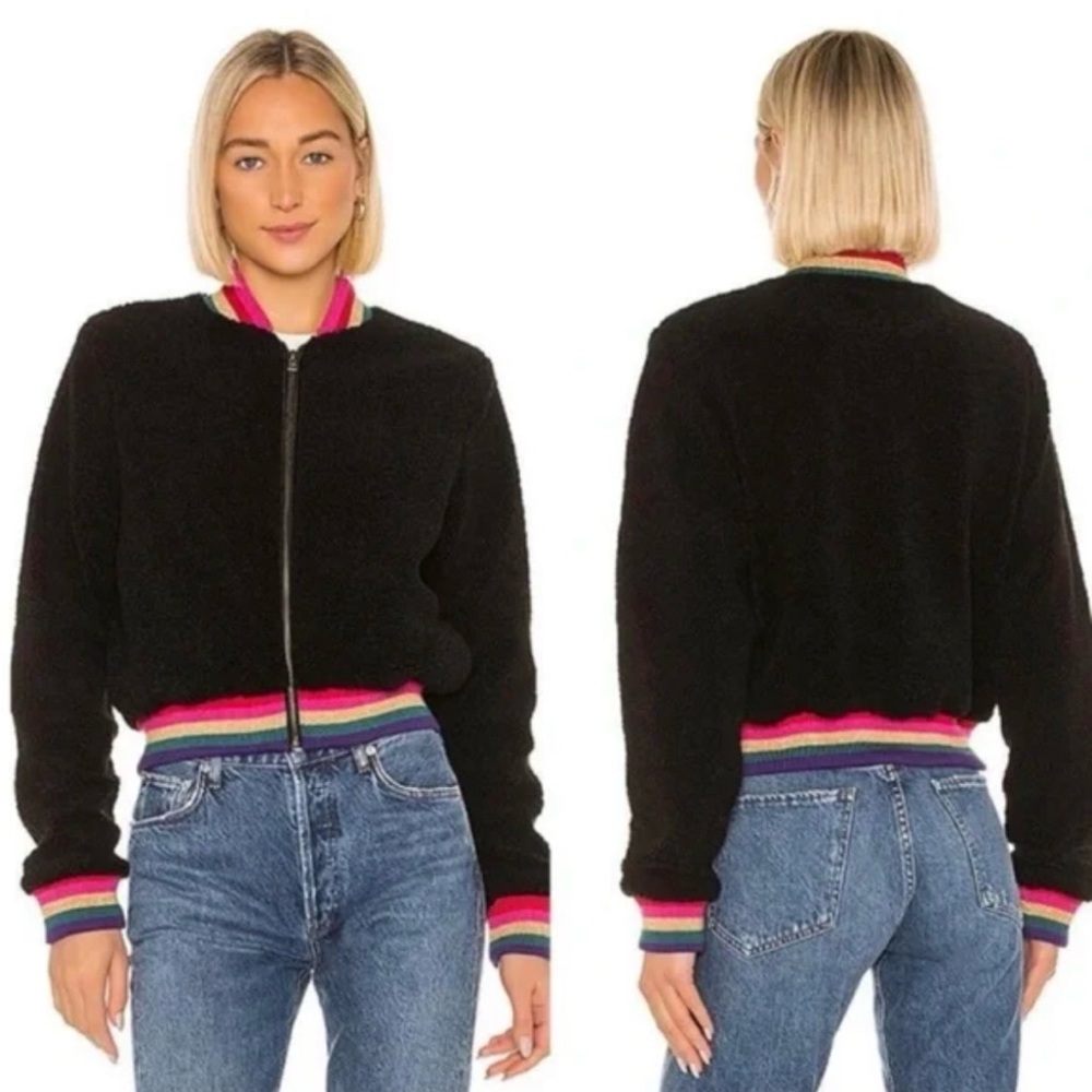Spiritual Gangster Everything Furry Bomber Jacket in Black/Stripes, Size Small